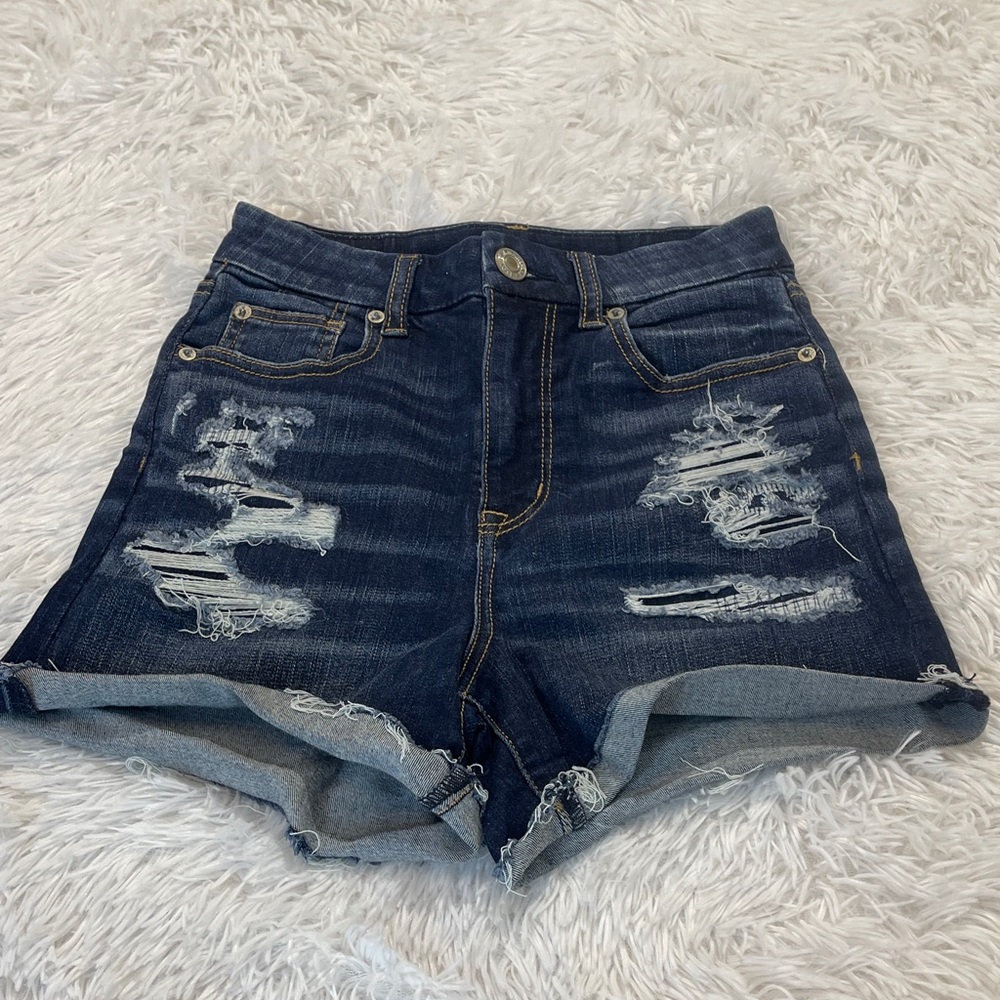 American Eagle Outfitters CURVY HIGH RISE SHORTIE Dark Blue Distressed WOMENS 0